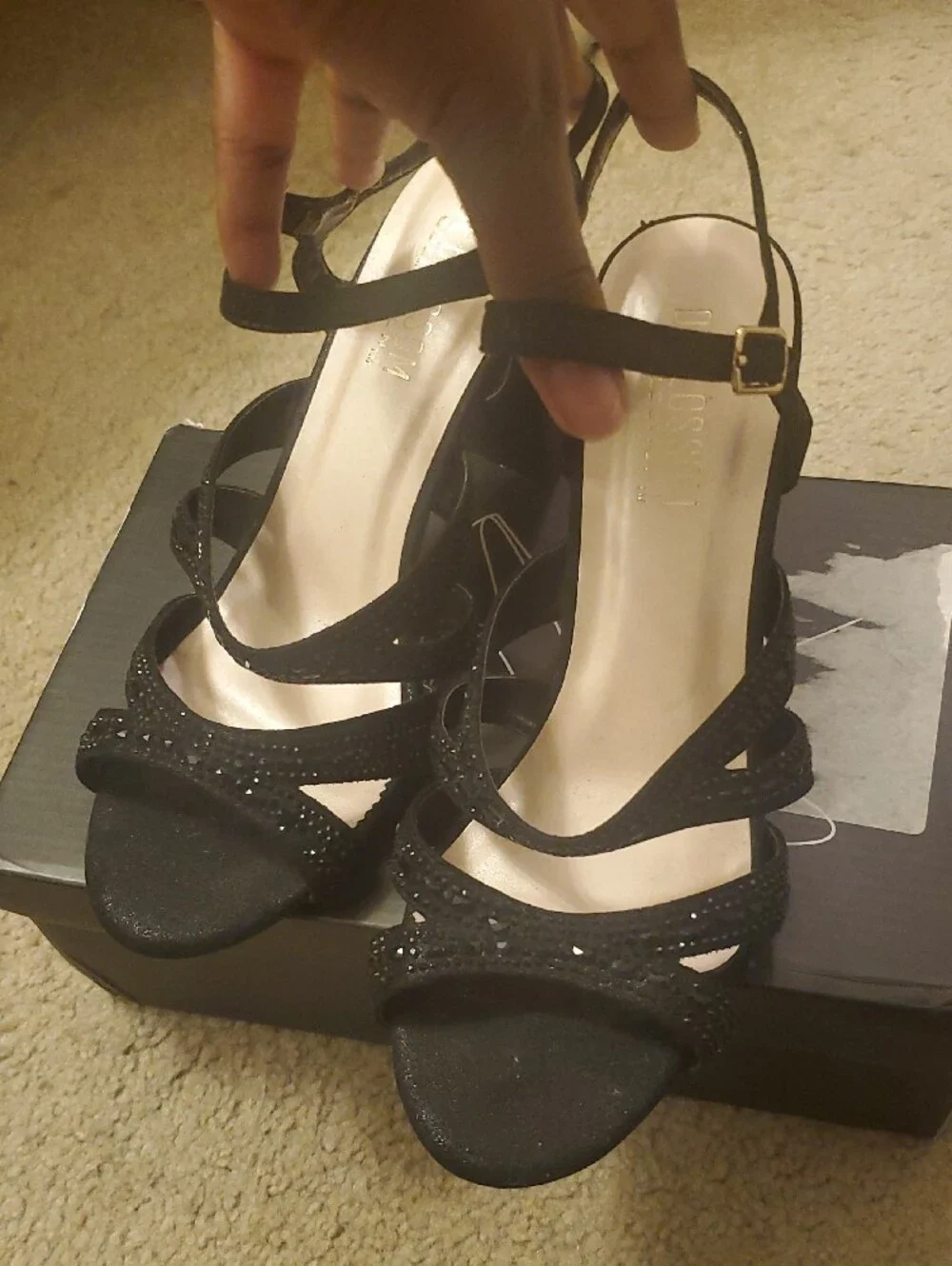 De Blossom Collection Black Rhinestone Strappy Block Heel Sandals